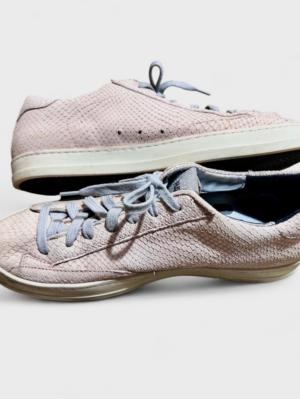 P448 John Prince Sneakers in Pale Pink snakeskin embossed leather W/ grey laces